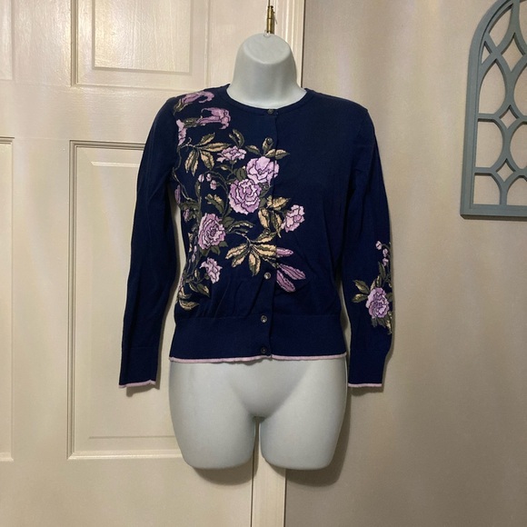 Lands' End Sweaters - Lands' End Navy Cardigan with Purple Floral Embroidery
